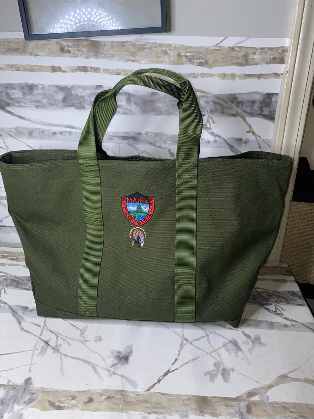 LL Bean Boat & Tote with Brazil Partners mono and Maine Patches